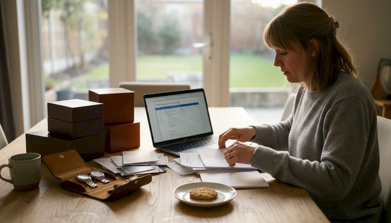 Woman logging watch documents at home table