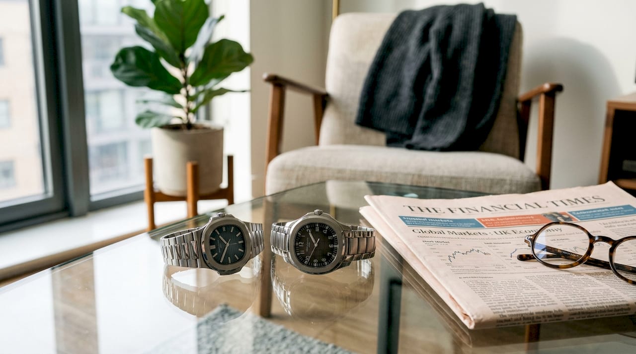 Nautilus and Aquanaut watches on living room table