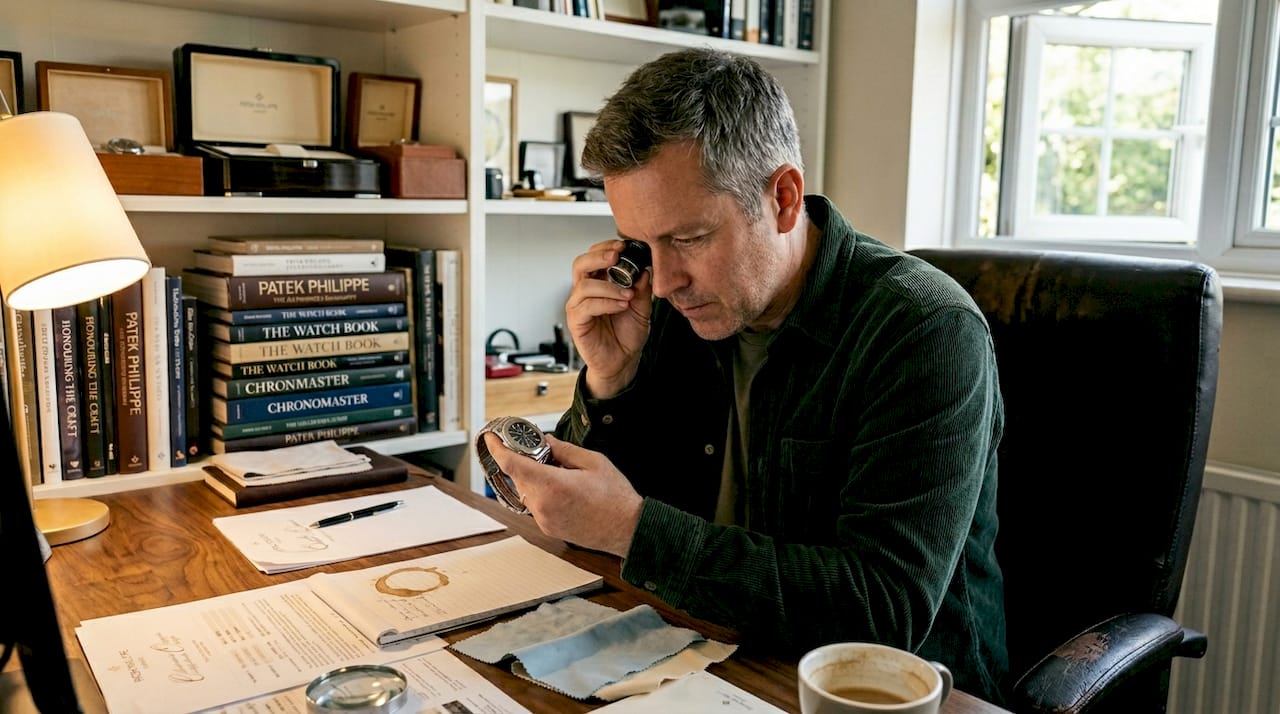Collector examining Patek Philippe Nautilus in study
