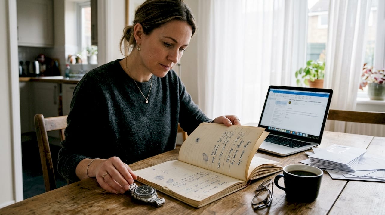 Woman checks service logbook beside watch