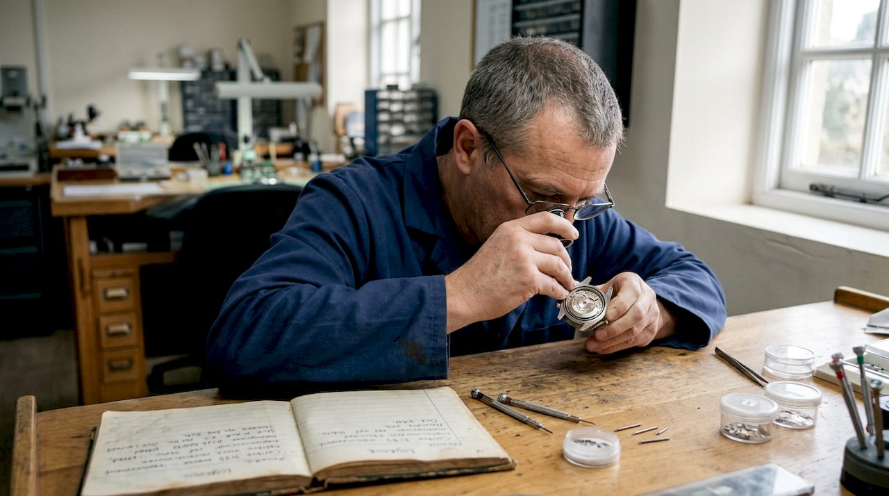Watch technician inspects Rolex at service desk