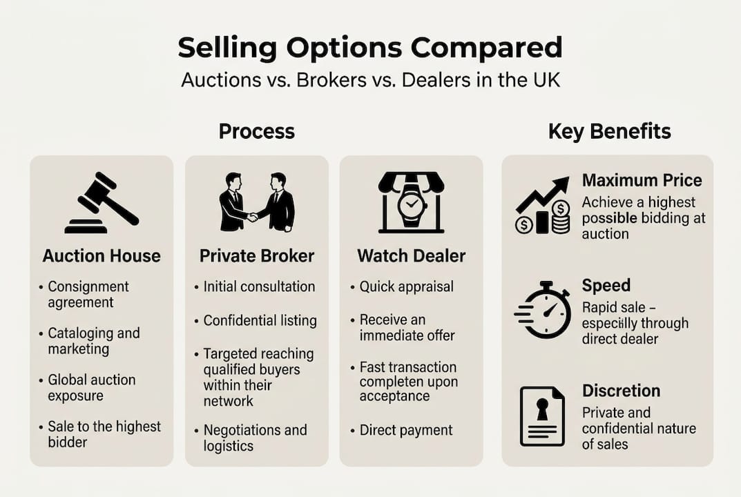 Infographic comparing auction, broker, and dealer options