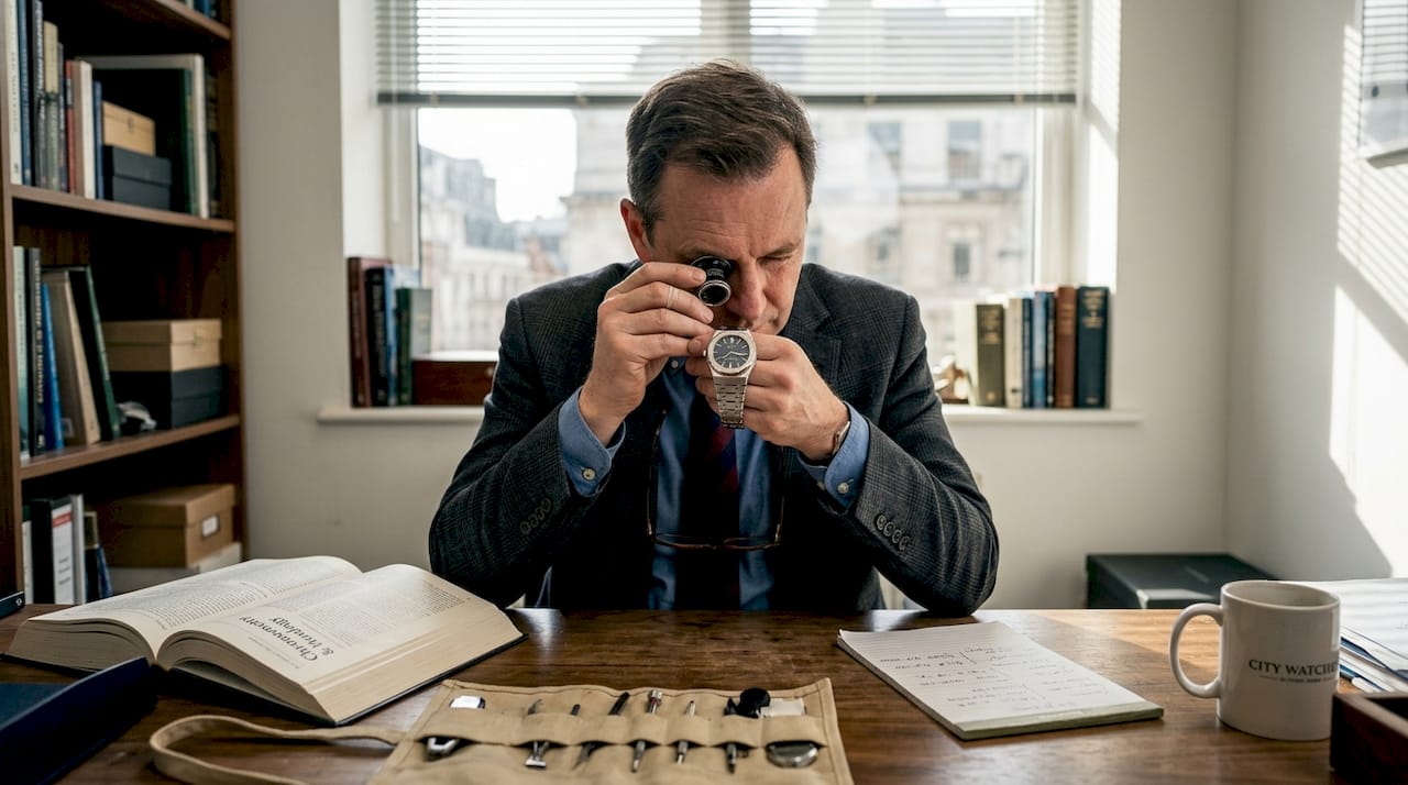 Watch broker authenticating Royal Oak at desk