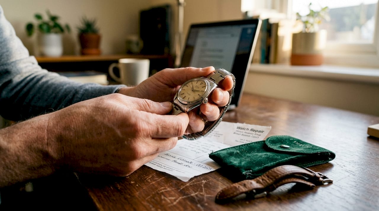 Hands holding vintage watch over desk