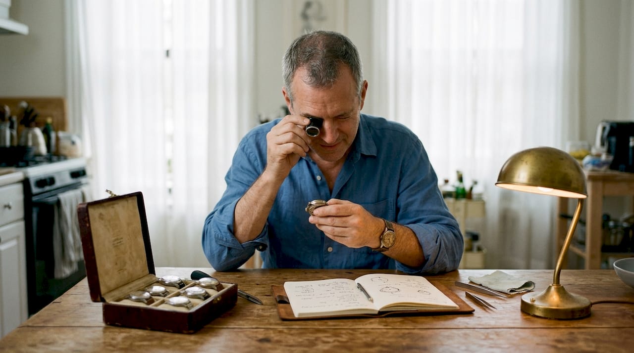 Man examining vintage watch at kitchen table