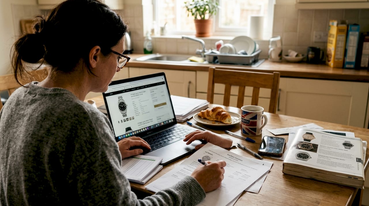 Woman comparing watch prices at kitchen table