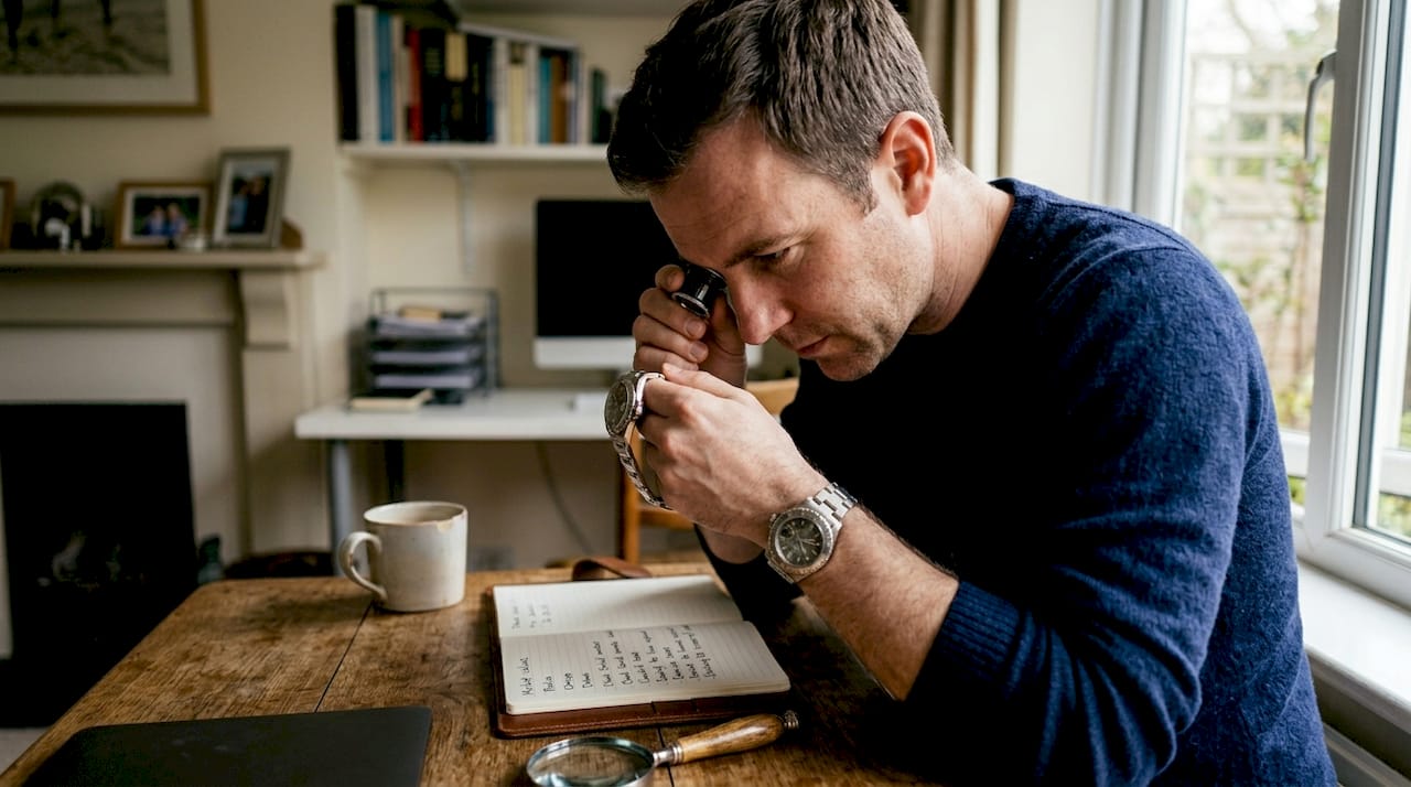 Man inspecting wristwatch in home office