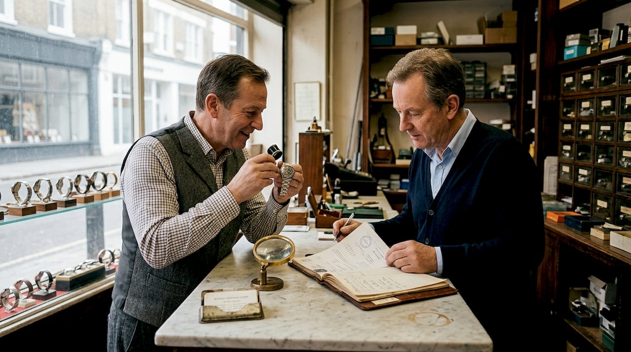 Watch specialists verifying provenance in shop