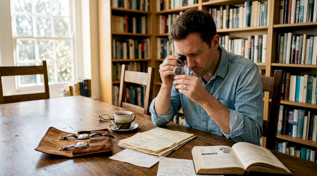 Collector inspecting wristwatch and documents
