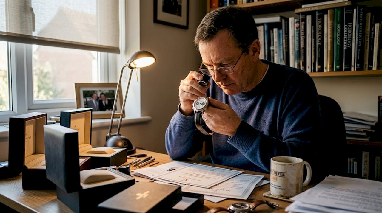 Collector inspecting limited edition Swiss watch