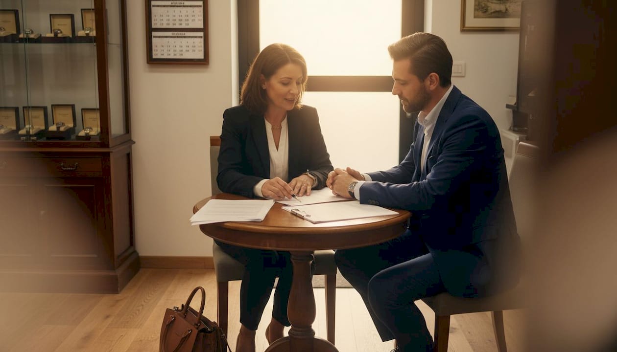 Client and dealer reviewing watch sale paperwork