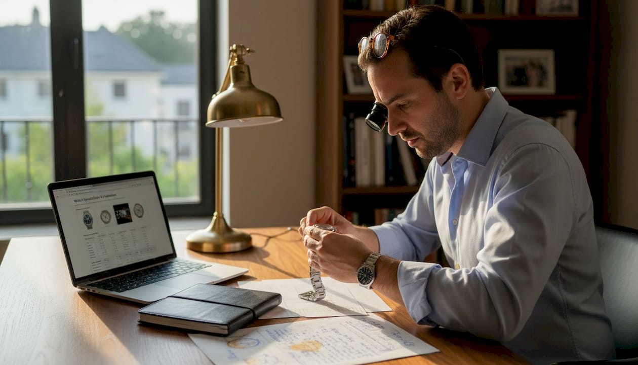 Man authenticating luxury watch at home desk