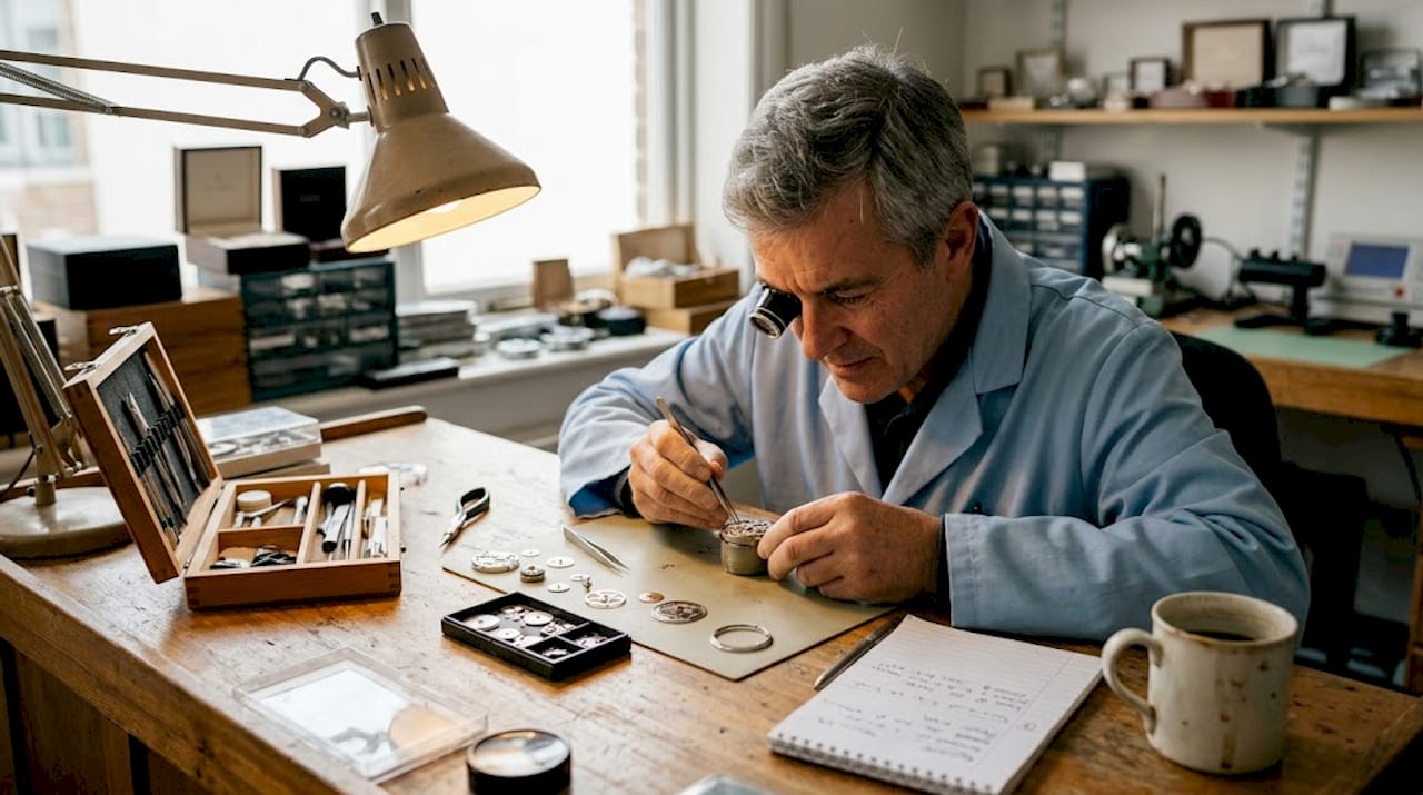 Watchmaker assembling luxury watch movement at bench