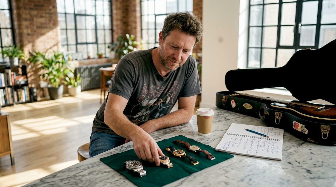Musician arranging watches at kitchen island
