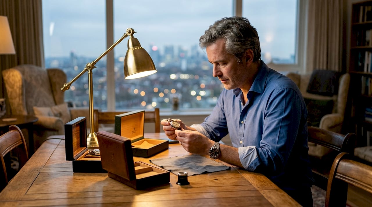 Man inspecting vintage watch at home table