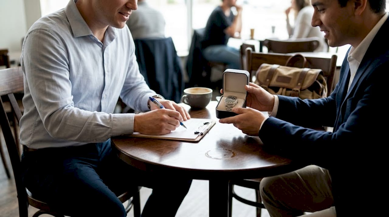 Meeting exchanging watch and documents discreetly