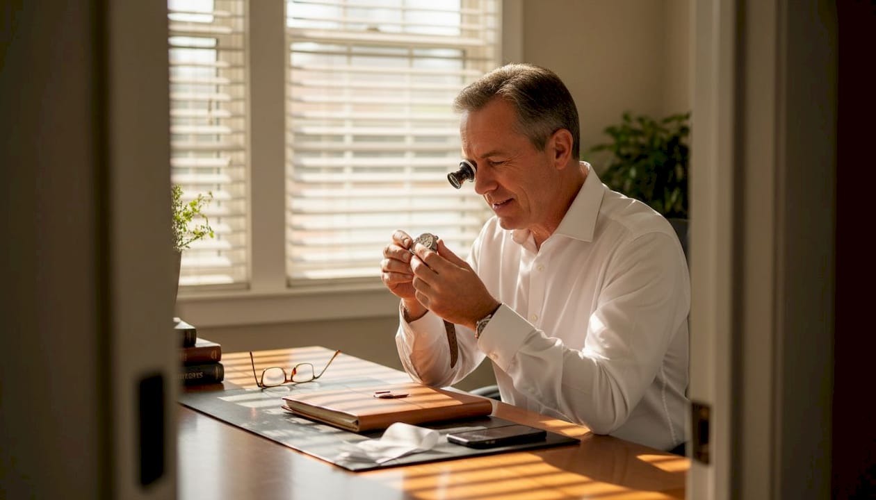 Man carefully inspecting luxury watch at desk