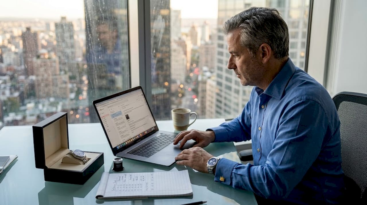 Watch sourcing agent reviewing offers in city office
