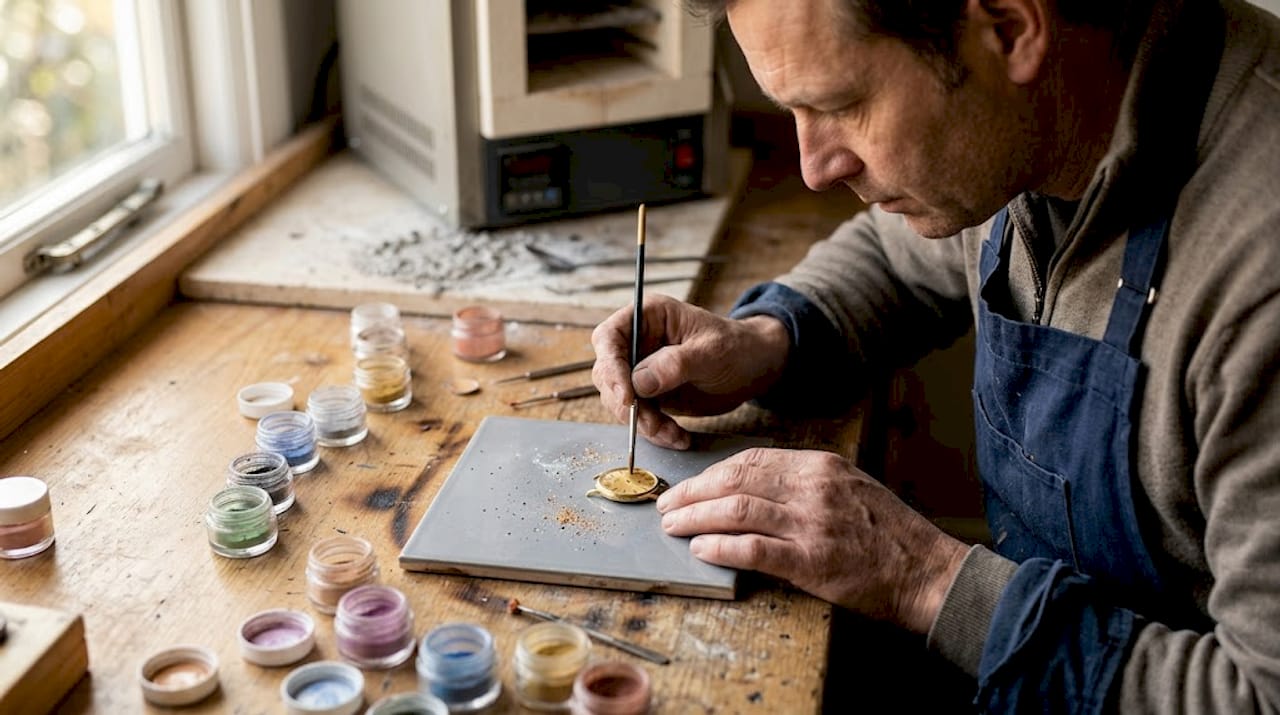 Artisan enameled watch dial preparation scene