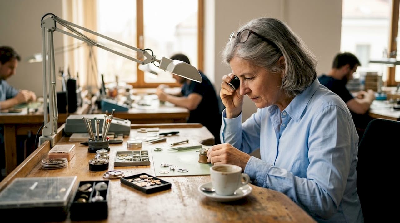 Watchmaker examining fine watch movement details