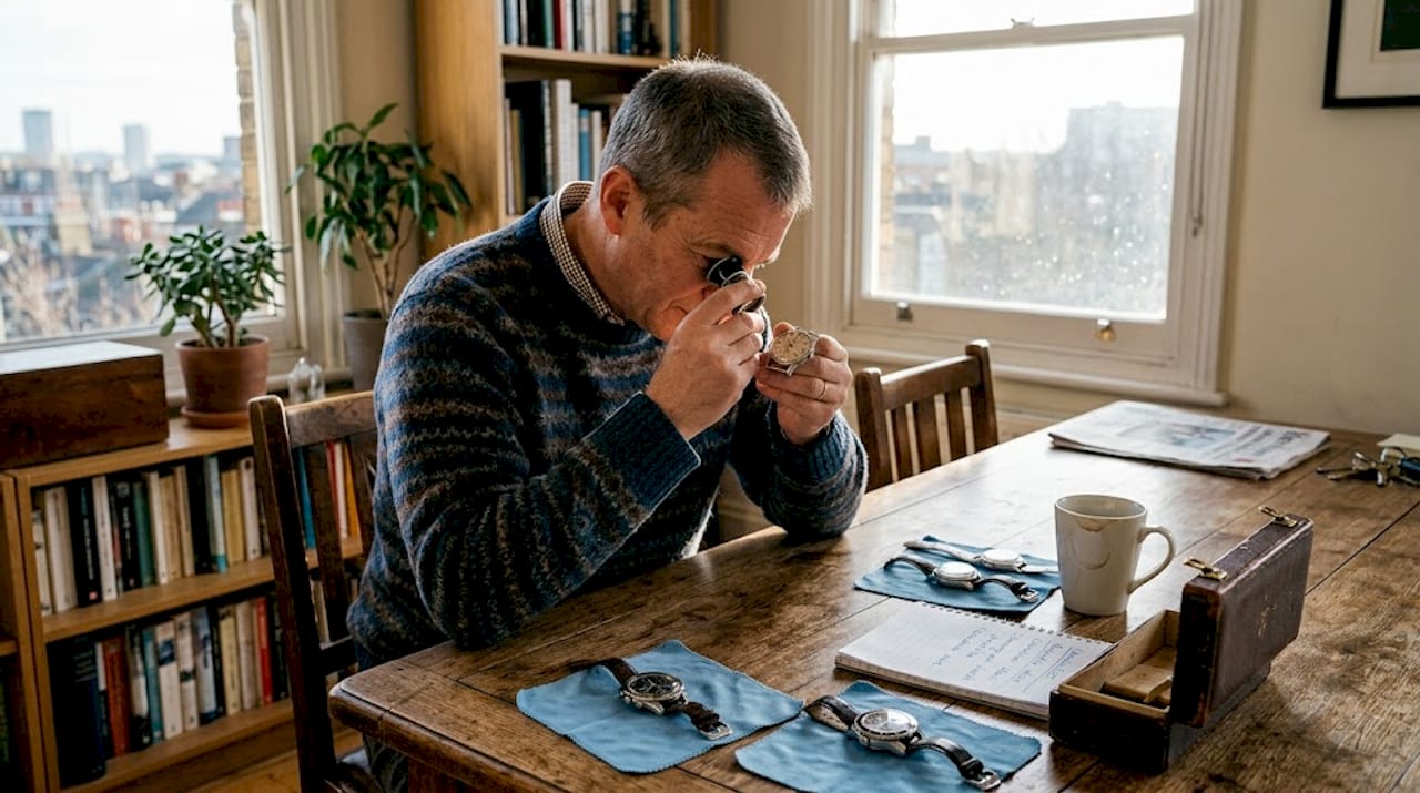 Collector inspecting vintage watches at home table