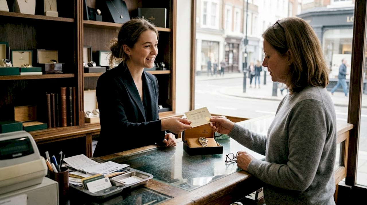 Shop handover of watch certificate to customer