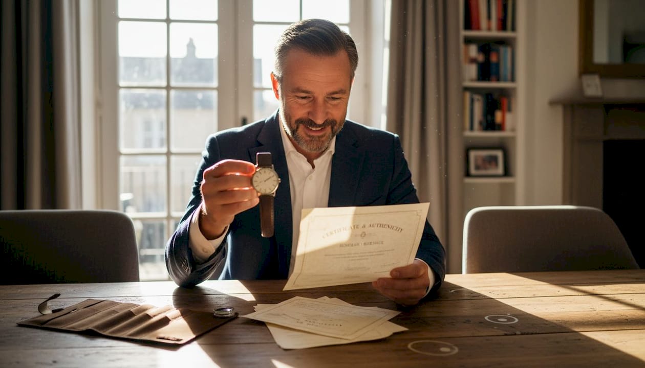 Collector reviewing watch and certificate at home