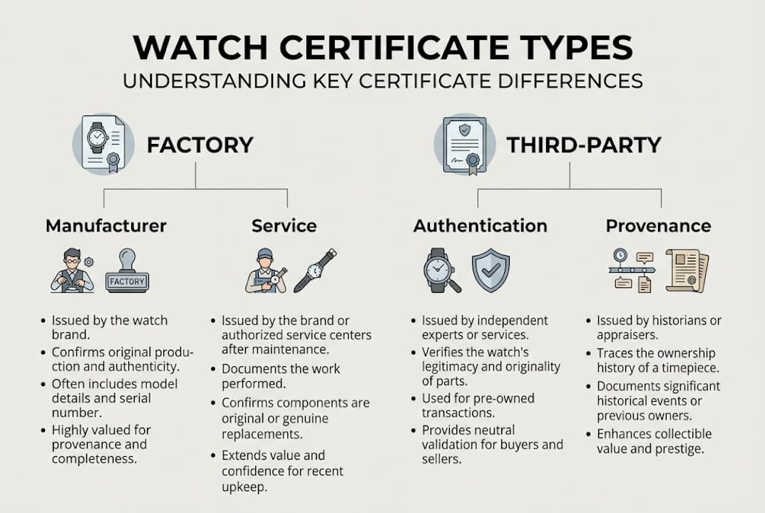 Infographic showing types of watch certificates