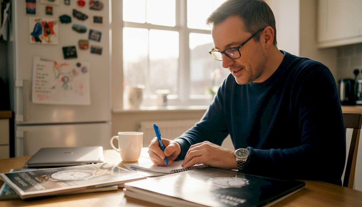 Man researching Swiss watches at kitchen table