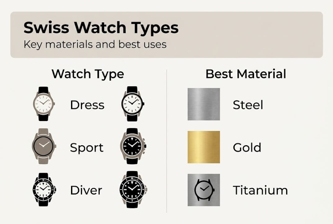 Infographic comparing Swiss watch types and materials