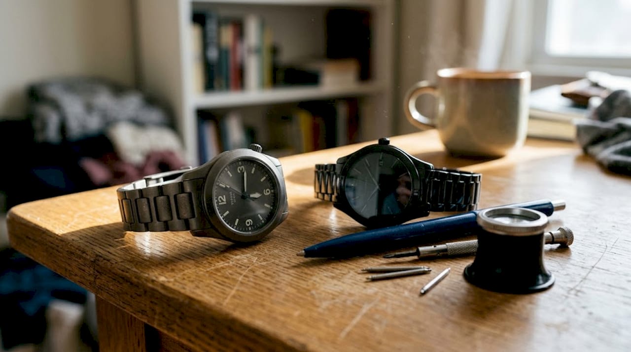 Titanium and ceramic watch closeup