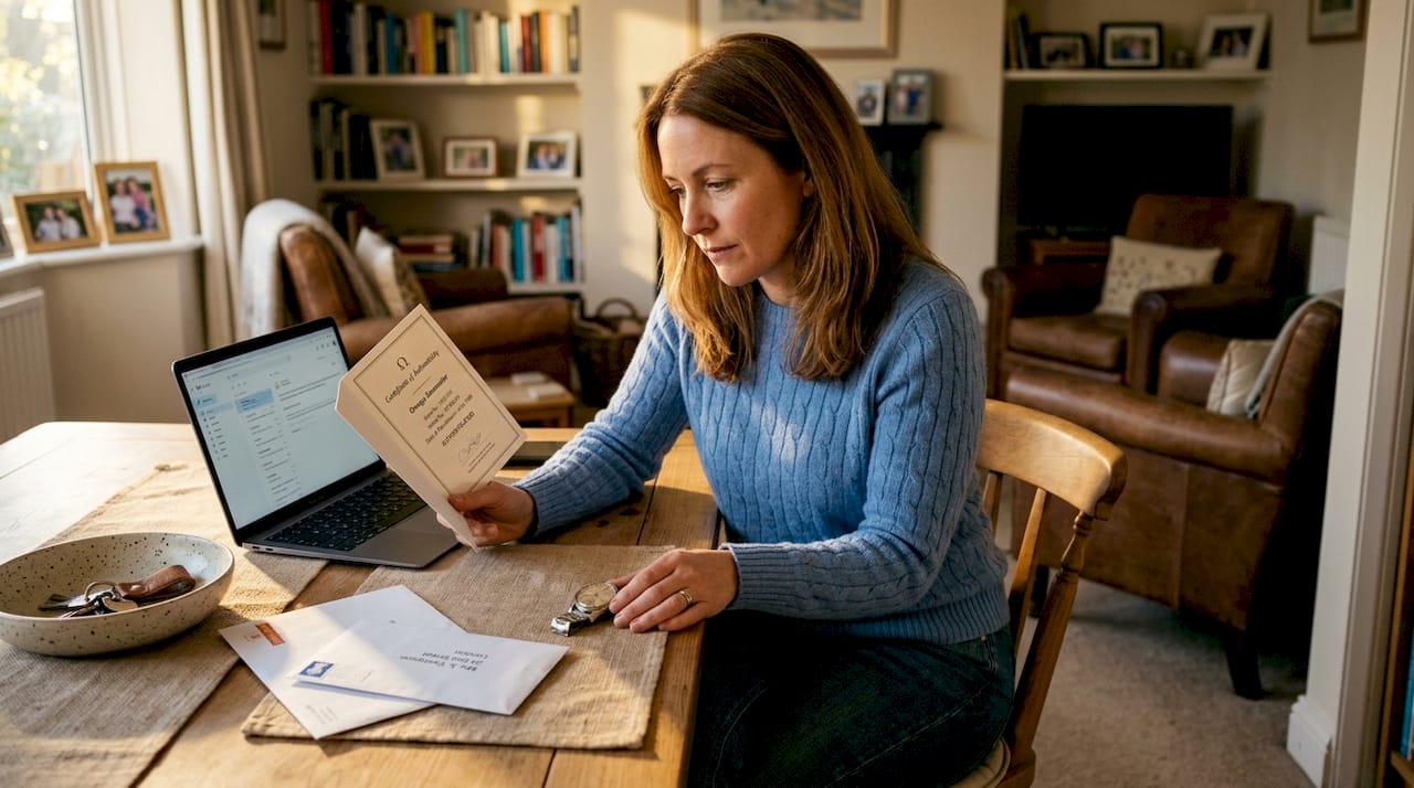 Person validates watch with certificate and laptop