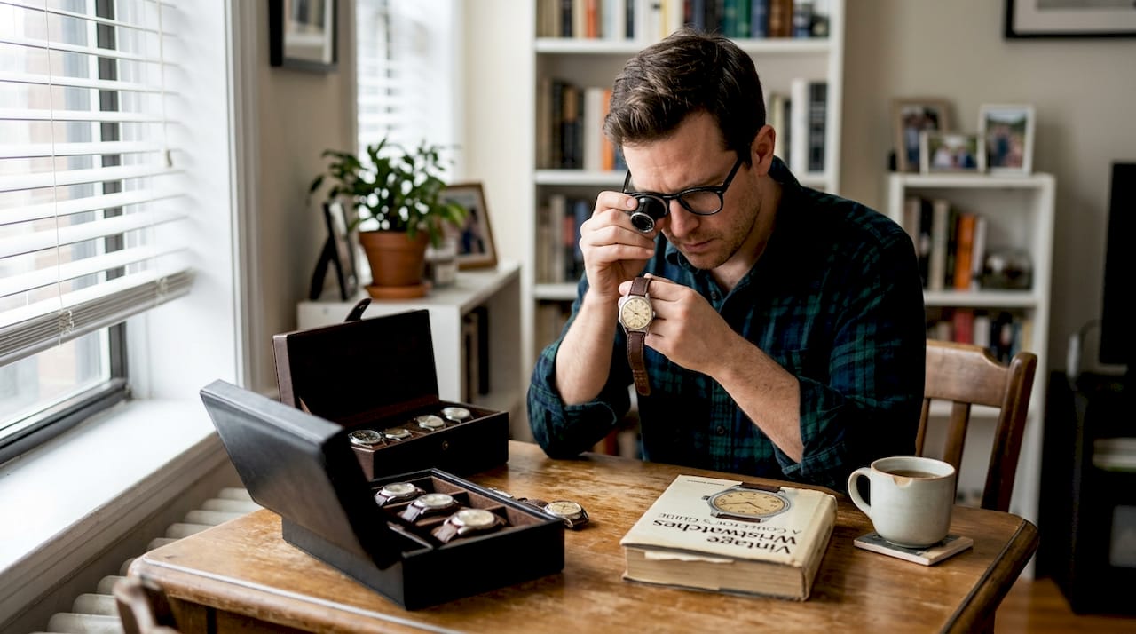 Collector examining watch at home table