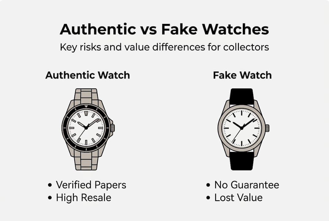 Infographic comparing authentic and fake watches