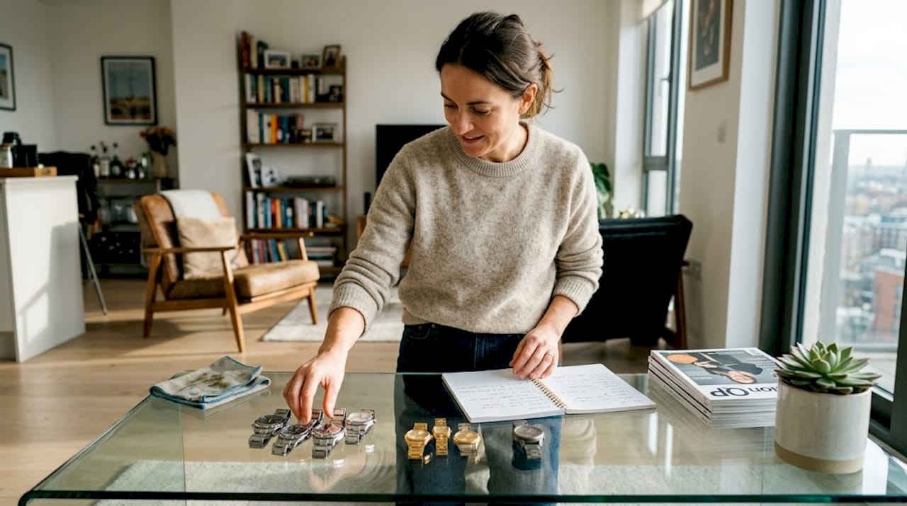 Woman sorting modern and vintage watches
