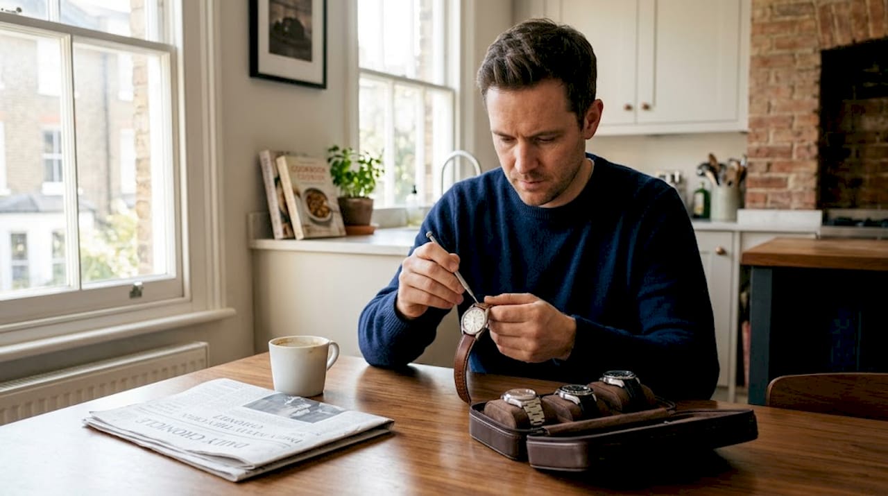 Man in home kitchen arranging luxury watches