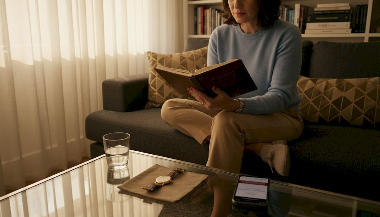 Woman researching watch values on sofa