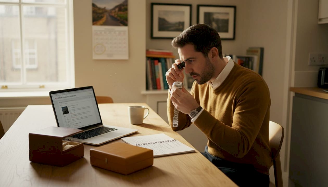 Man inspecting pre-owned watch at dining table