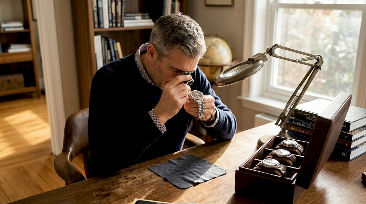 Watch collector authenticating luxury timepiece