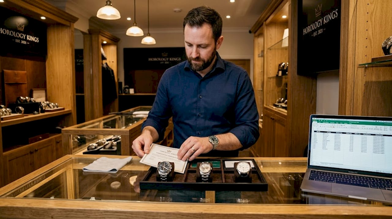 Seller organizing watch paperwork behind glass counter