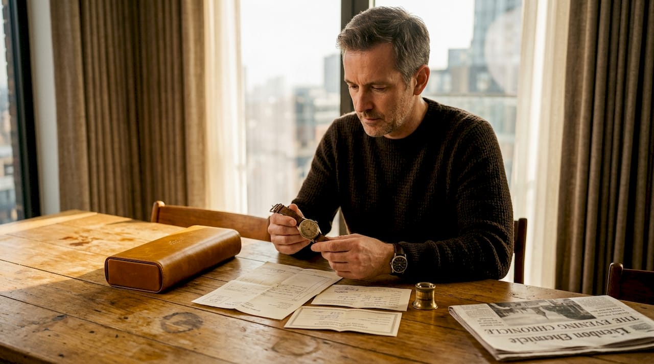 Collector examining watch and documents at table