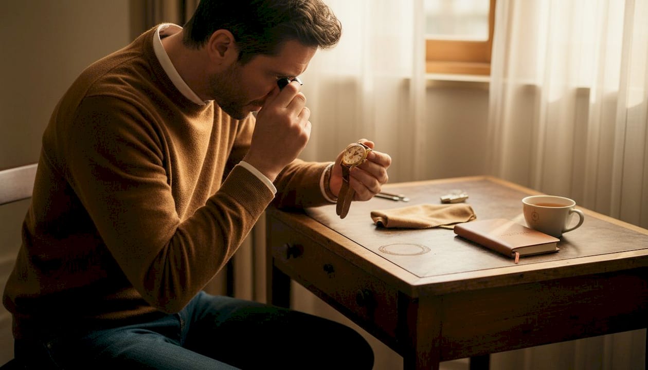 Man inspecting automatic watch at home desk