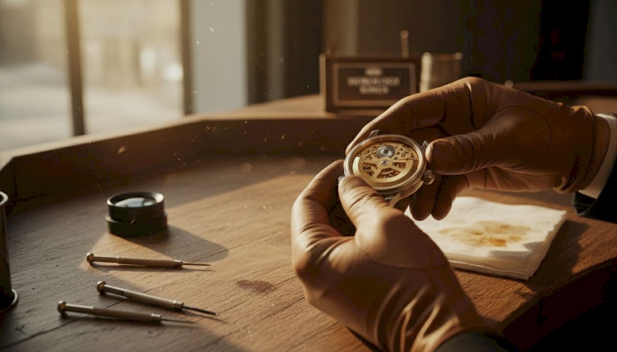 Hands holding open automatic watch movement