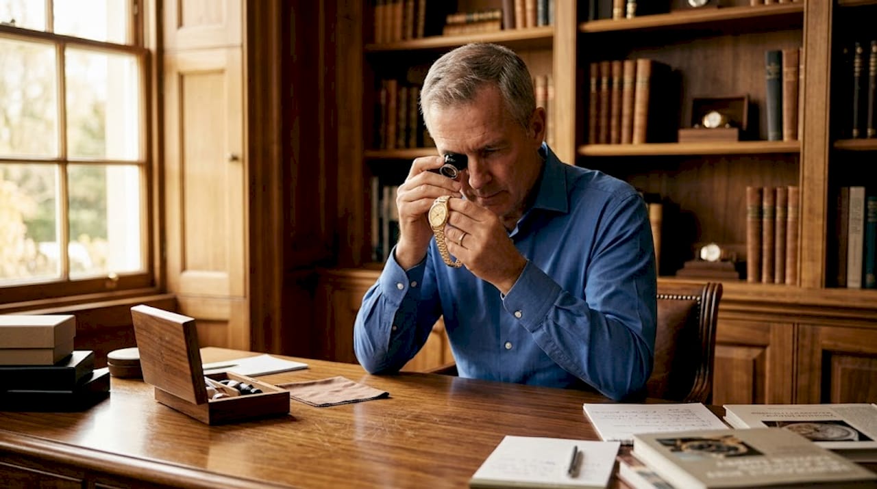 Collector inspecting vintage luxury watch at desk