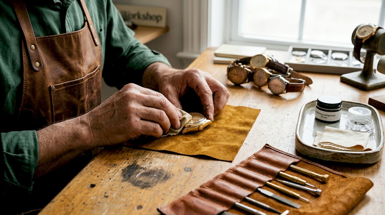 Craftsman polishing handcrafted luxury watch case