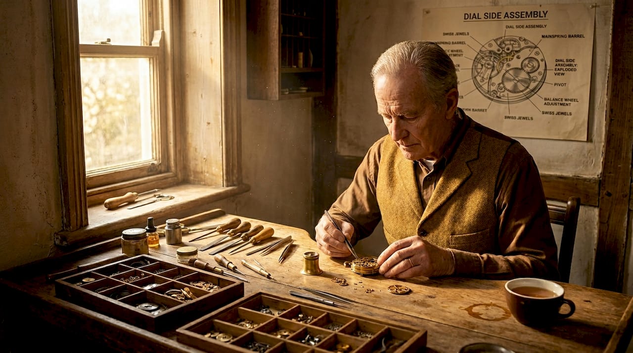 Watchmaker assembling movement in sunlit workshop