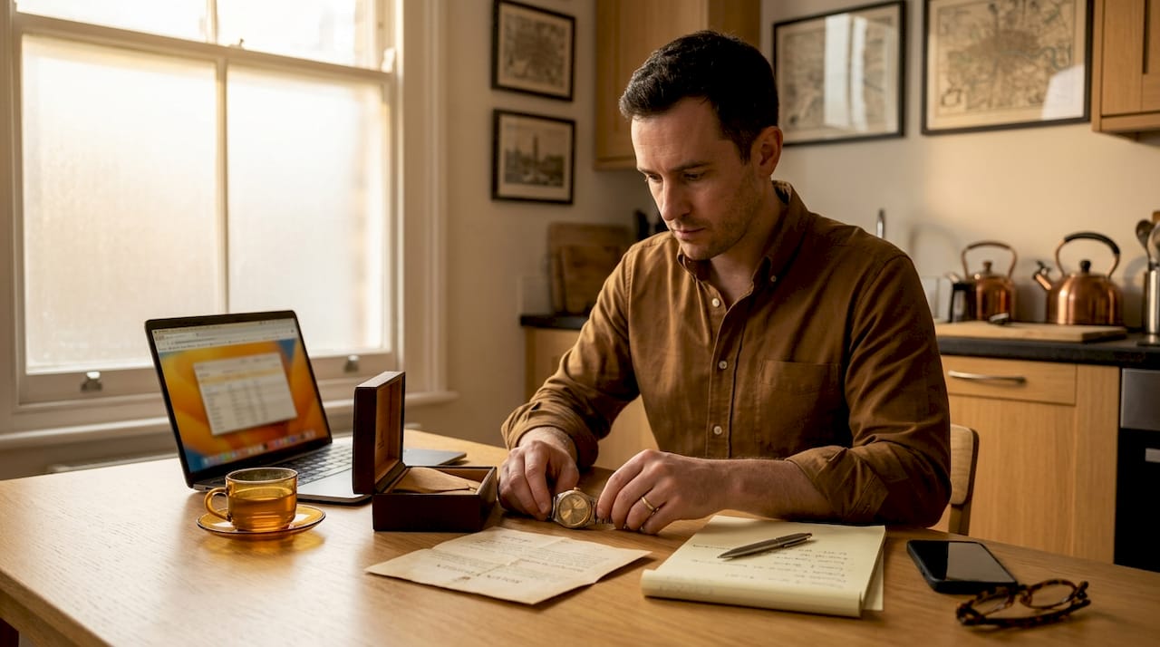 Man organizing watch sale paperwork at kitchen table