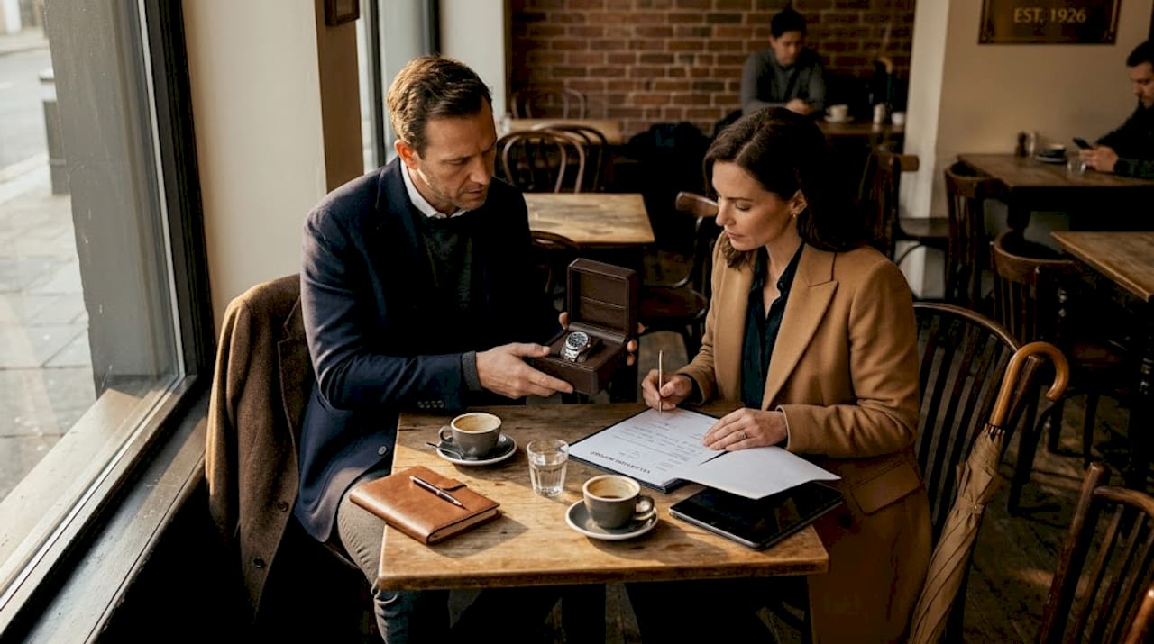 Two people negotiate luxury watch sale in café