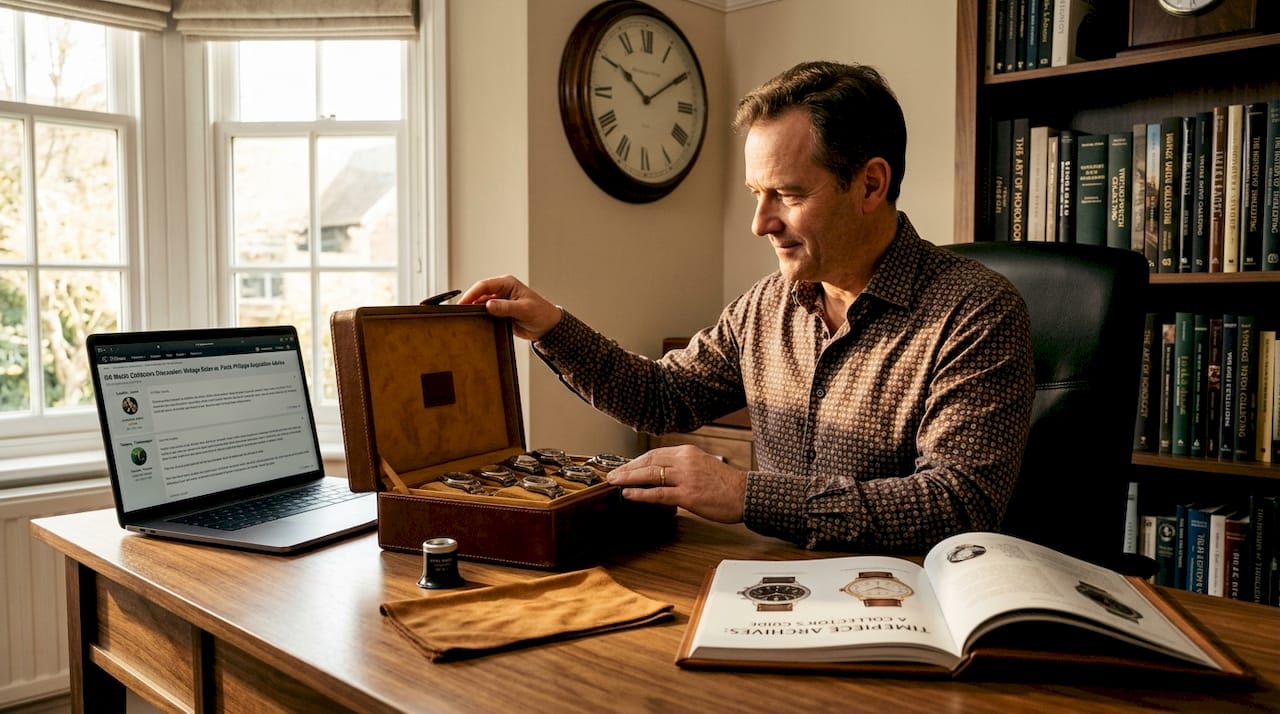 Watch collector examines timepieces in home study