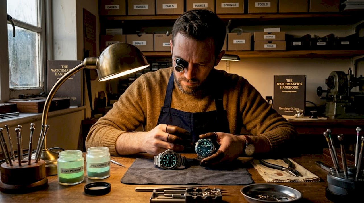 Watchmaker comparing lume in two watches